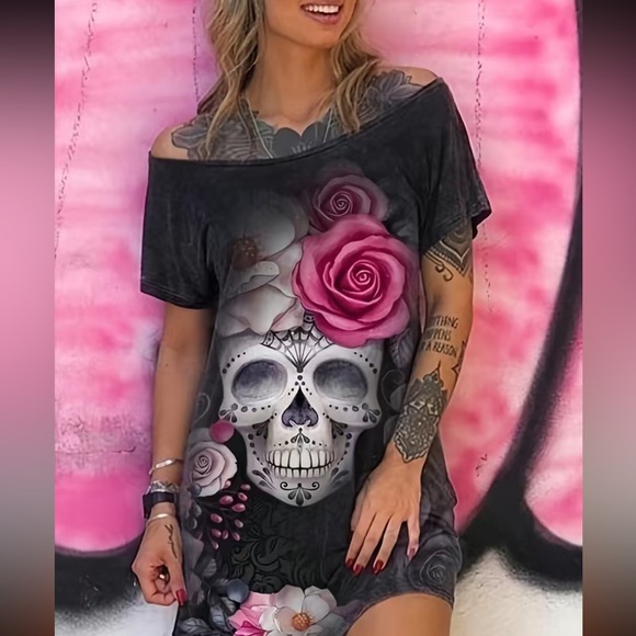 Dresses & Skirts - Gothic Skull & Flower Print Off Shoulder Dress